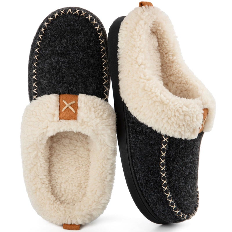 LongBay Womens Felt Sherpa Bedroom Slippers Warm Cozy Wool-Like Moccasin Slippers for Indoor Outdoor Winter Memory Foam House Shoes Slip-On with Fuzzy Plush Lining Black,7-8 - Image 1